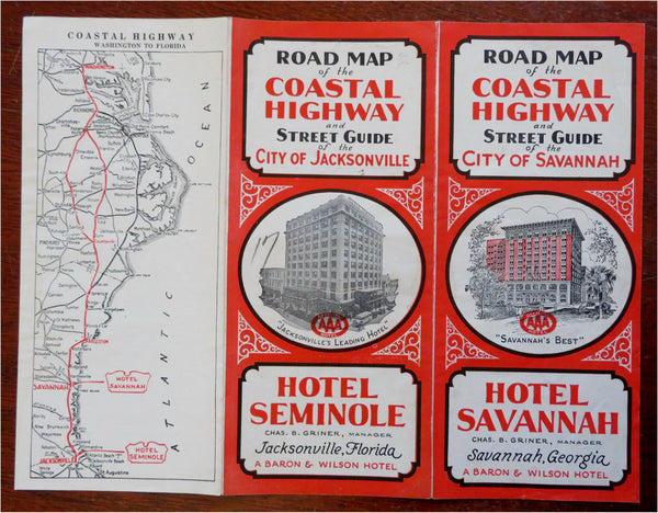 Savannah Georgia Hotel Promo Tourist Maps c. 1920's Jacksonville FL Brochure