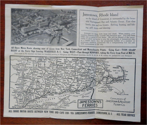 Cape Cod to NY Road Map c. 1920's Jamestown RI Ferries tourist promo brochure