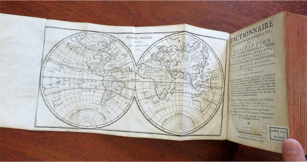 Geographical World Description Gazetteer 1772 Vosgien leather book 2 world maps