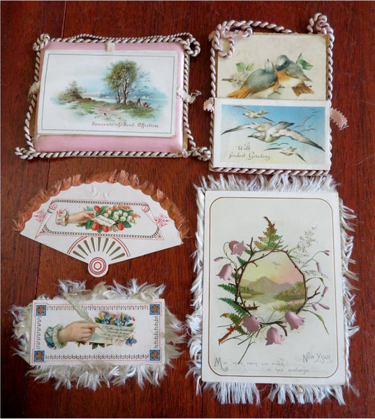 Greeting Cards Tokens of Affection c.1880's Lot x 5 fringe fabric ephemera
