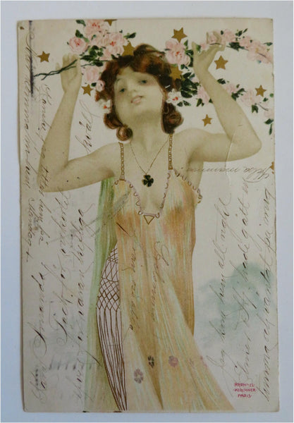 Beautiful Woman Flowers Raphael Kirchner c. 1904 Art Nouveau Postcard