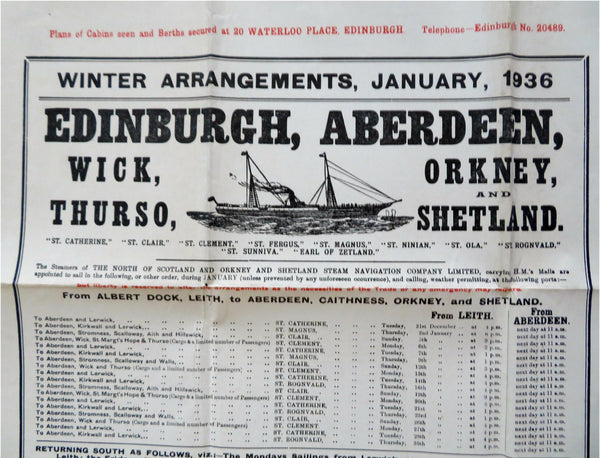 Scotland Steamship Route Edinburgh Aberdeen 1936 advertising broadside
