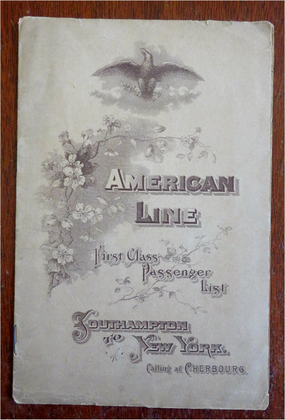 USMS New York American Line 1st Class Passenger List 1905 travel souvenir