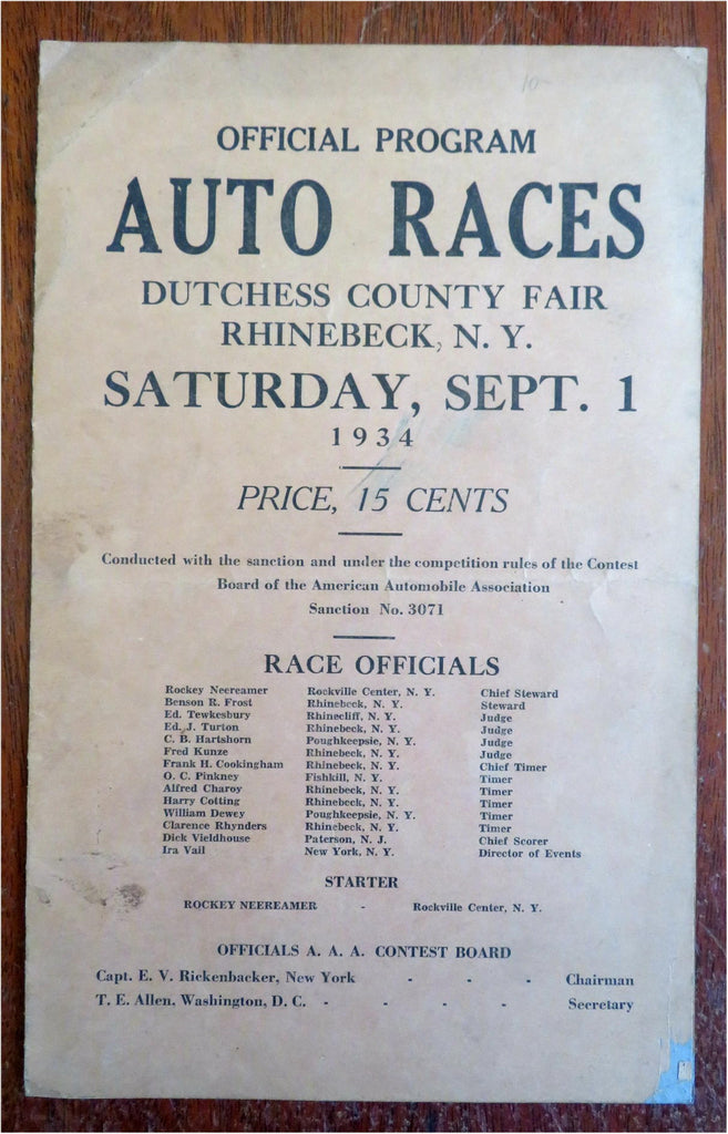 Auto Racing Souvenir Program 1934 Dutchess County New York County Fair