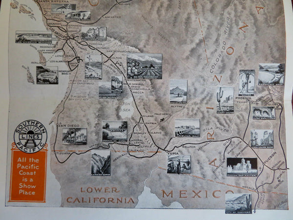 California pictorial map w/ vignettes 1923 So. Pacific Line RR line brochure