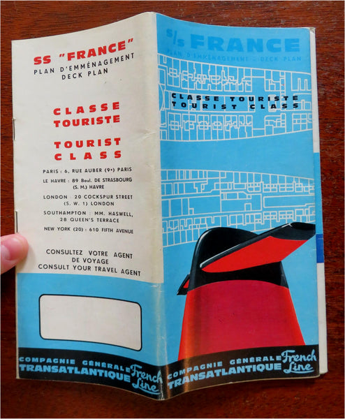 SS France Ocean Liner Vintage Advertising c.1960's pictorial brochure deck plans