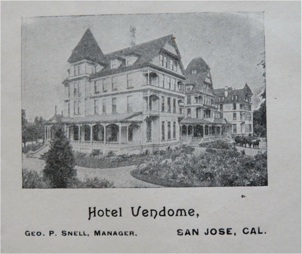 San Jose California Hotel Vendome 1900-20 pictorial envelope Tourist Souvenir