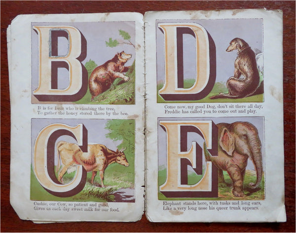 ABC of Animals Children's Reading Primer Alphabet c. 1870's color litho juv book