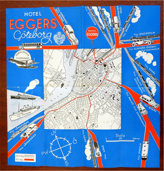 Gothenburg Sweden Hotel Eggers Tourist map c. 1940's tourist pictorial brochure