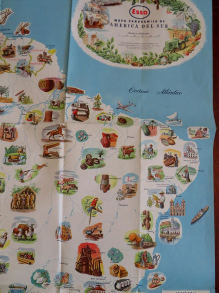 South America Cartoon Pictorial Map c. 1960's Esso large folding tourist map