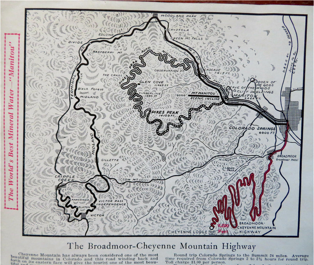 Broadmoor Cheyenne Mountain Highway Colorado Springs c. 1915 tourist info map