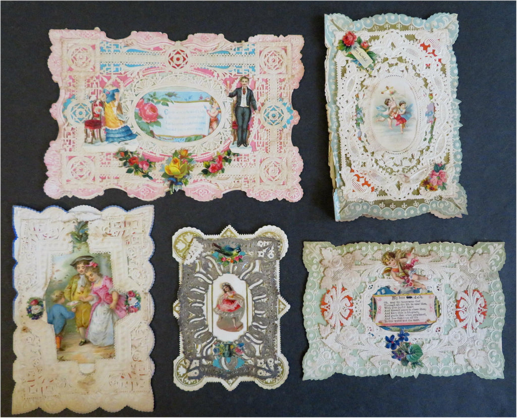 Valentine's Day Greeting Cards Lot x 5 Romantic Love Keepsakes 1880's lace paper