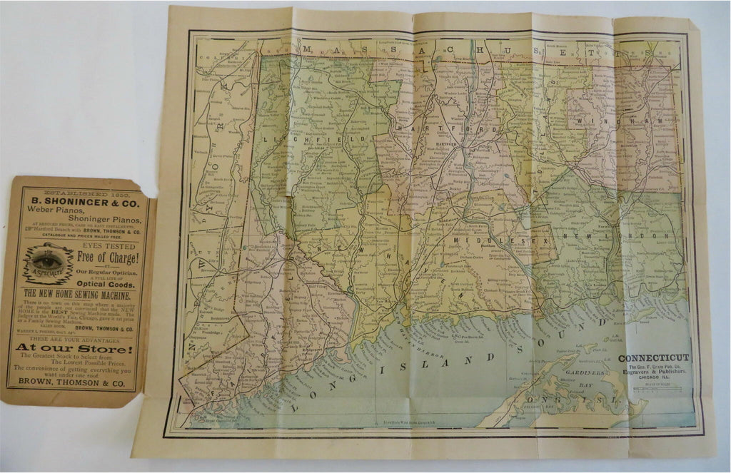 Connecticut state c. 1880-90's rare pocket folding map