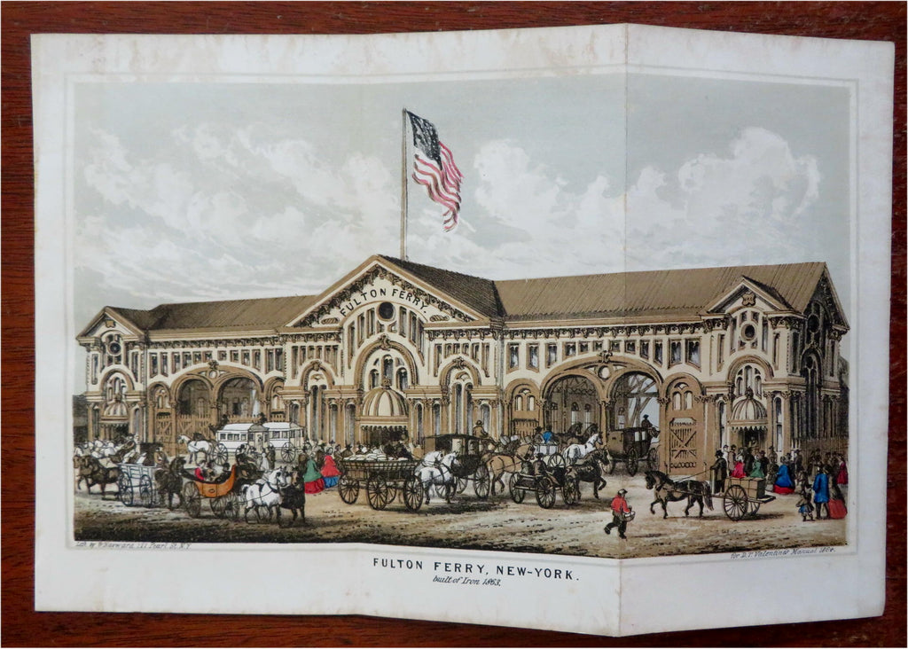 Fulton Ferry New York City Transit Terminal Street Scene 1864 color litho print