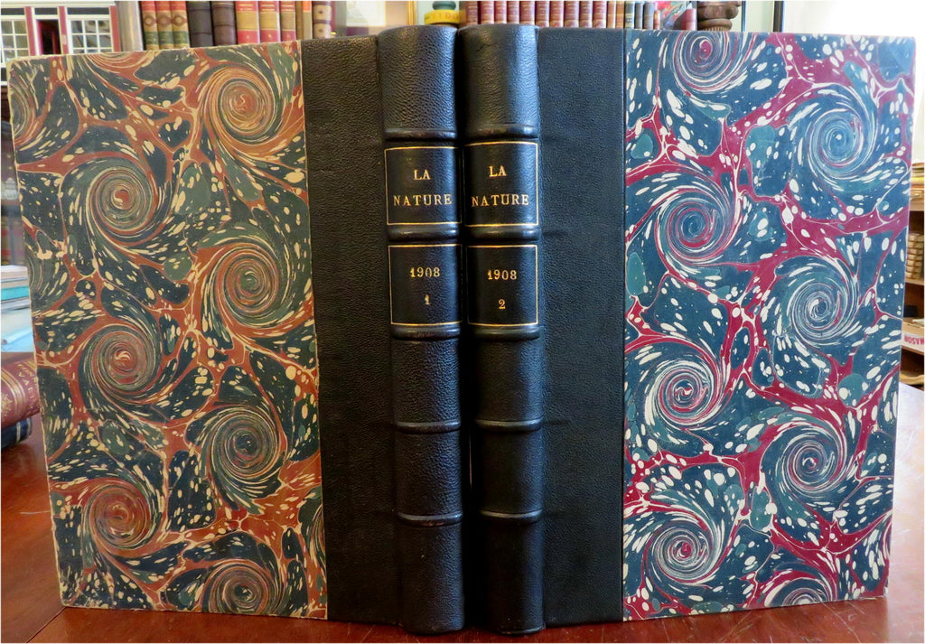 La Nature French Scientific Review Arts 1908 Illustrated rare 2 vol. leather set