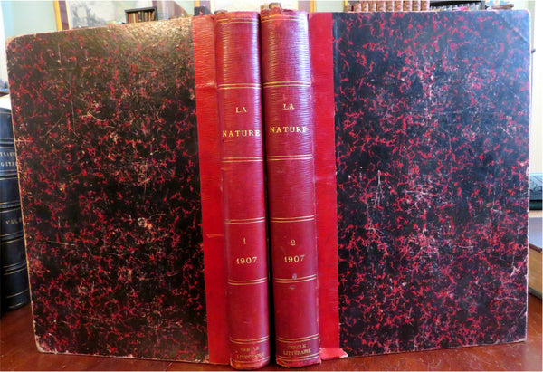 La Nature French Scientific Review Arts 1907 Illustrated rare 2 vol. leather set