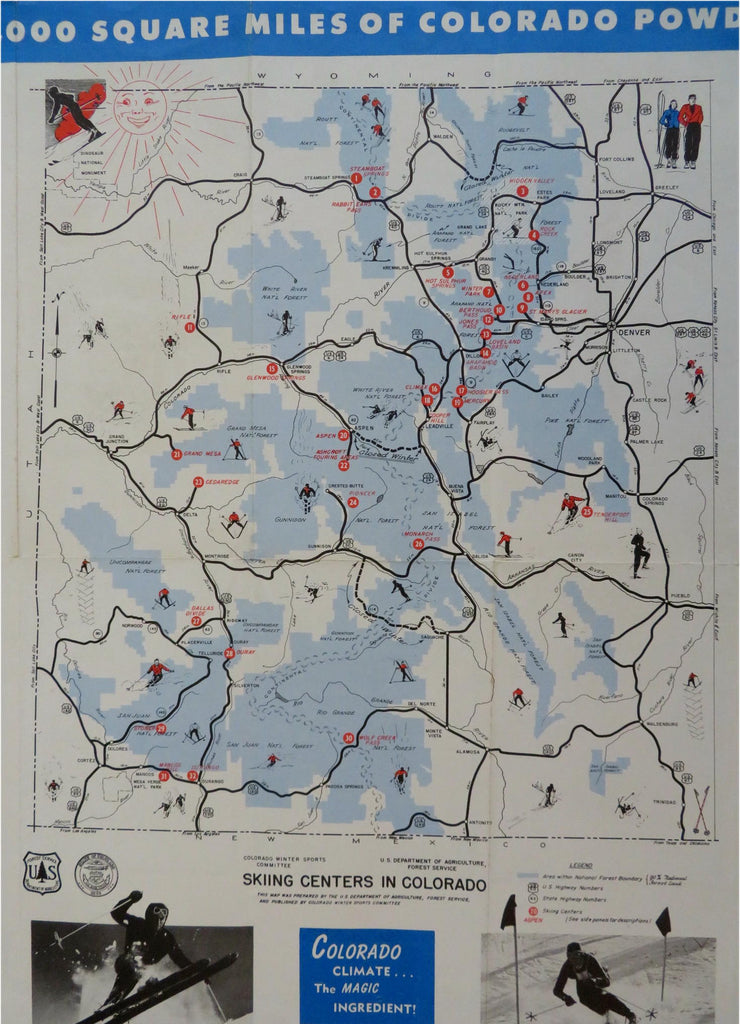 Colorado Skiing Centers Winter Sports Rocky Mountains 1950 tourist pictorial map