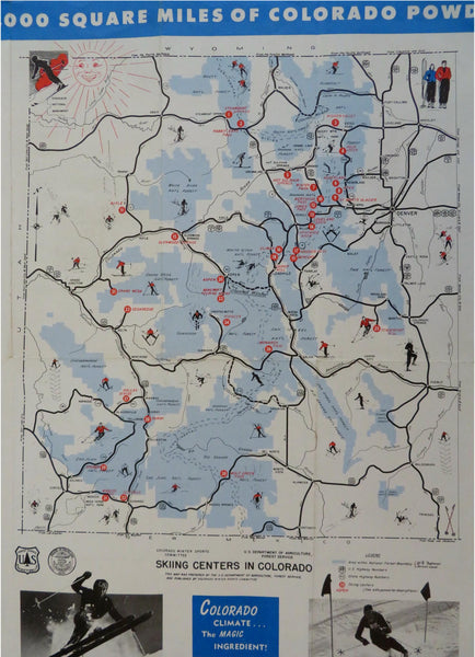 Colorado Skiing Centers Winter Sports Rocky Mountains 1950 tourist pictorial map