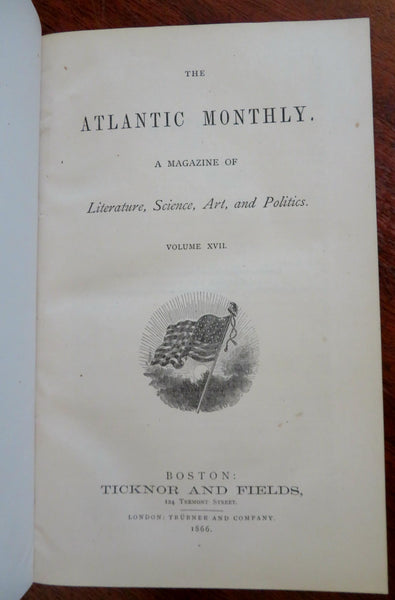 Atlantic Monthly 1866 Jan-June leather book Stowe Longfellow Hawthorne Whittier
