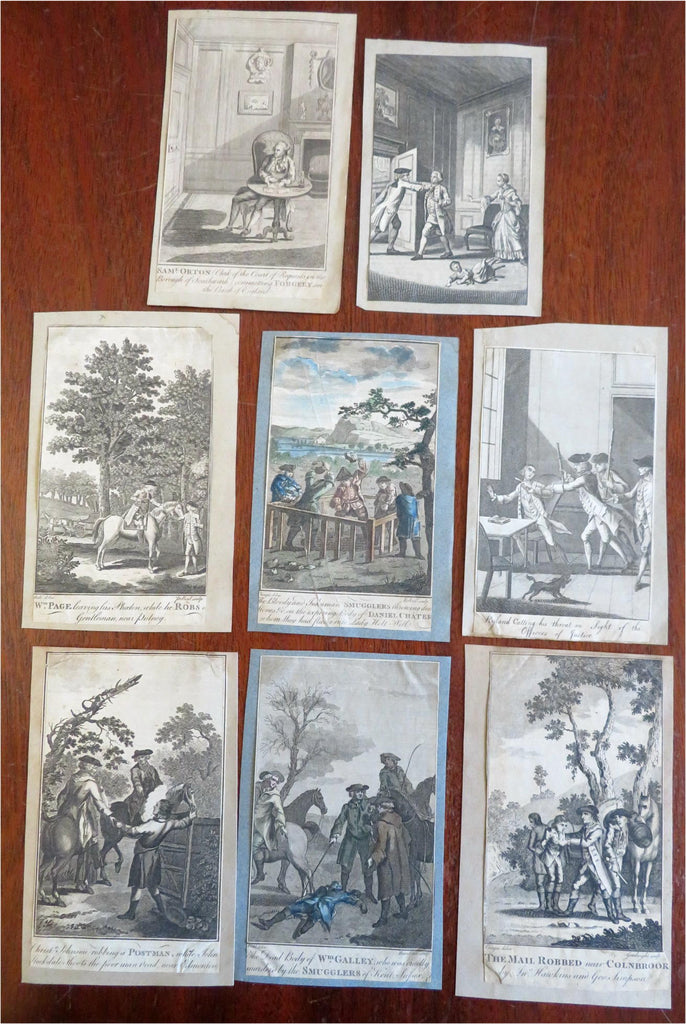 Crime engravings mail Robbery Forgery Smuggling suicide c. 1760-90 lot 9 prints