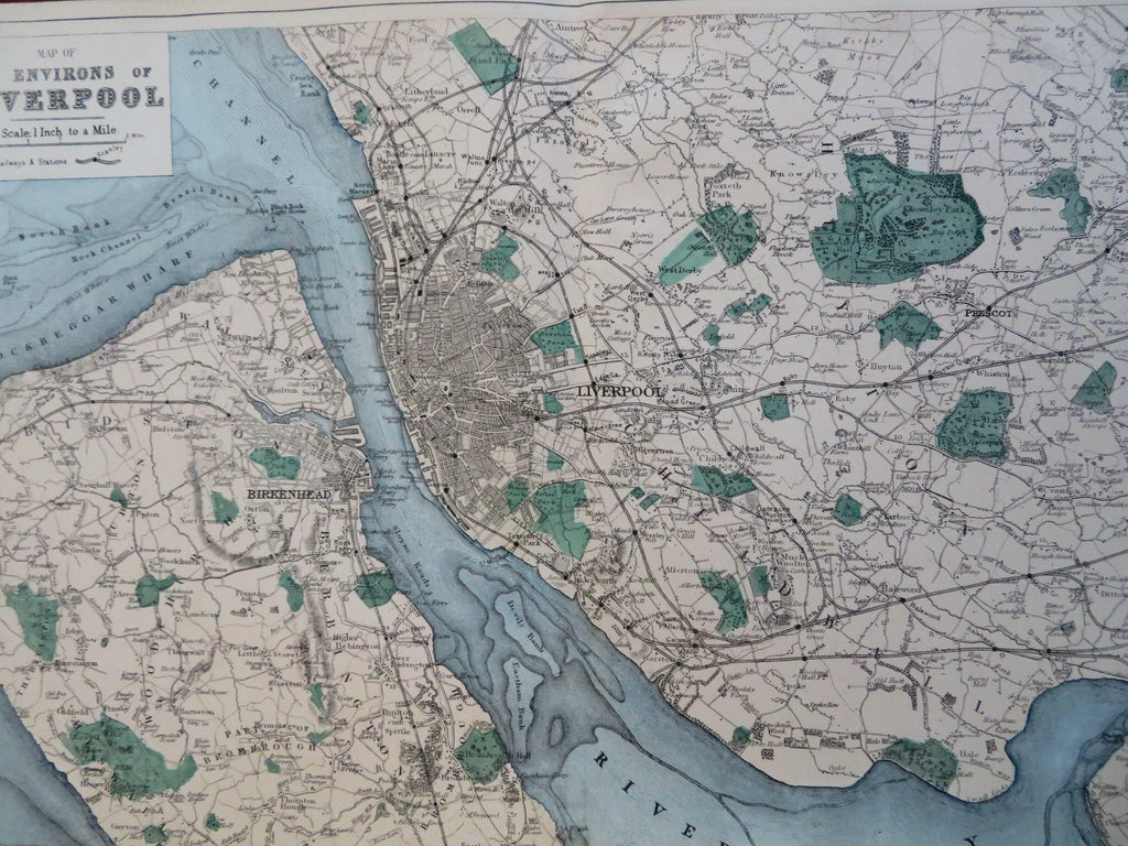 Liverpool England & Environs Birkenhead Runcorn Mersey River c. 1880's city plan