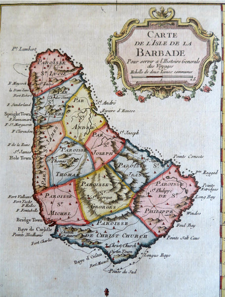 Barbados Caribbean Island British Colony 1757 Bellin engraved hand color map