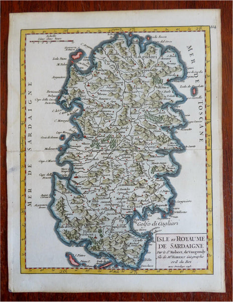 Sardinia Sardegna Kingdom island Italy 1748 Vaugondy hand color map