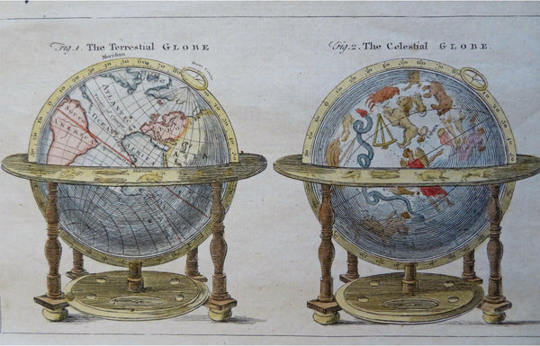 Terrestrial & Celestial Globes Zodiac Constellations 1763 nice hand color print