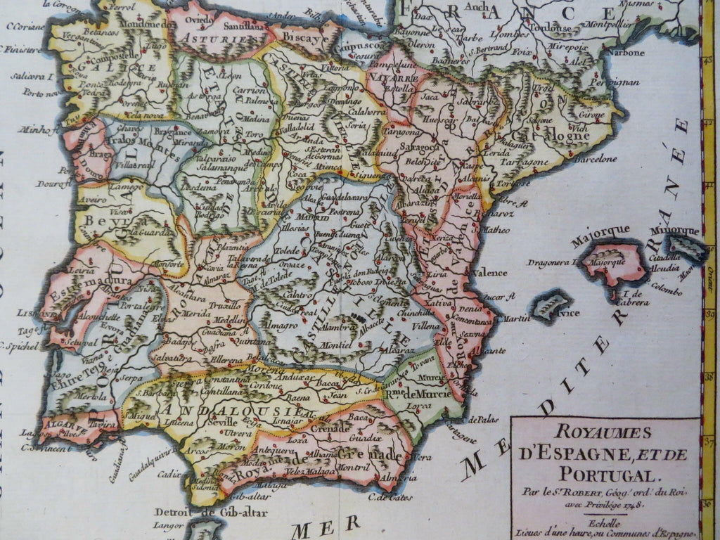Spain & Portugal Iberia Madrid Lisbon Pamplona Barcelona 1748 Vaugondy map
