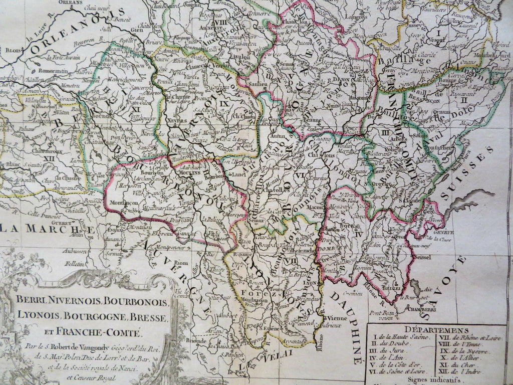 Berry Nevers Burgundy Lyon Bournon Franche-Comte France c. 1750 Vaugondy map