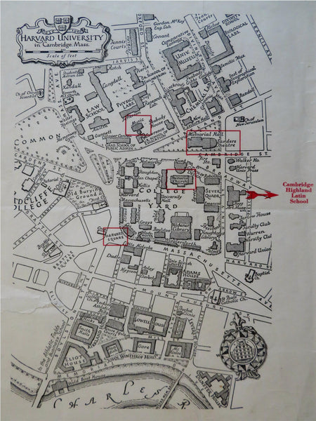 Harvard University Campus Map c. 1940 pictorial detailed plan Harvard Square