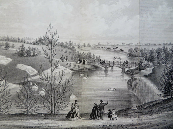 Central Park NYC Oak Bridge Boaters Swans 1861 Civil War era landscape view