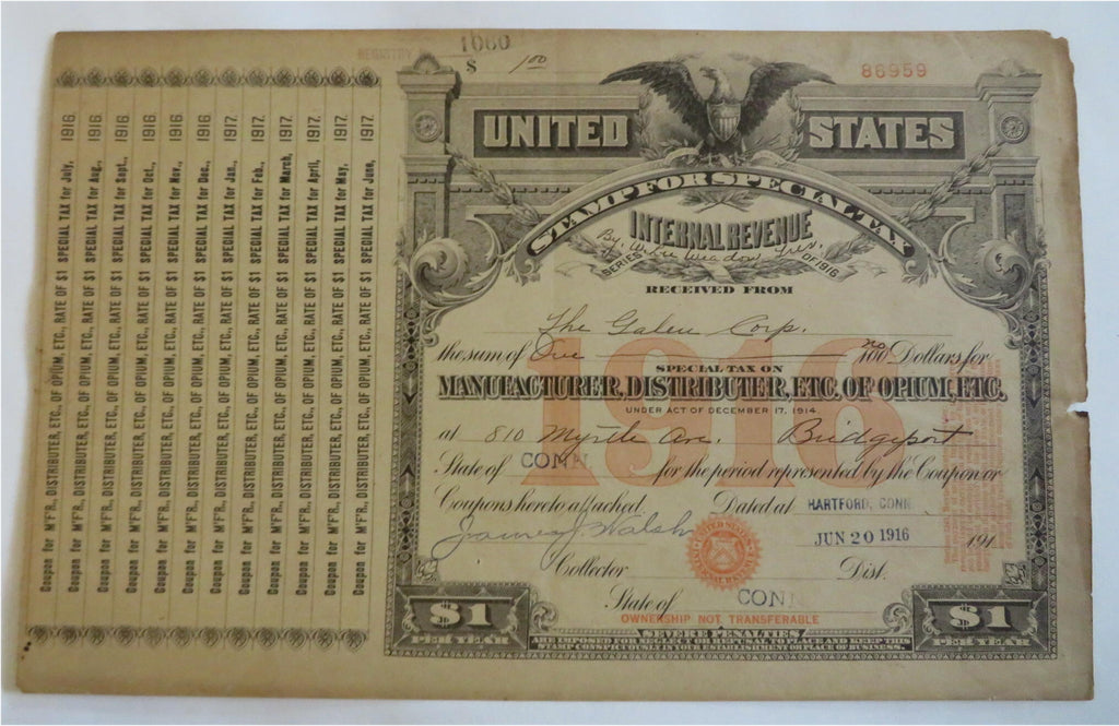 Opium Tax Receipt Galen Corporation 1916 IRS document tax coupon U.S Gov. doc