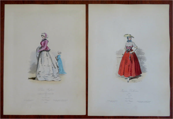 Women's Fashion England Holland 1840-60 Lot x 2 lovely hand color costume prints