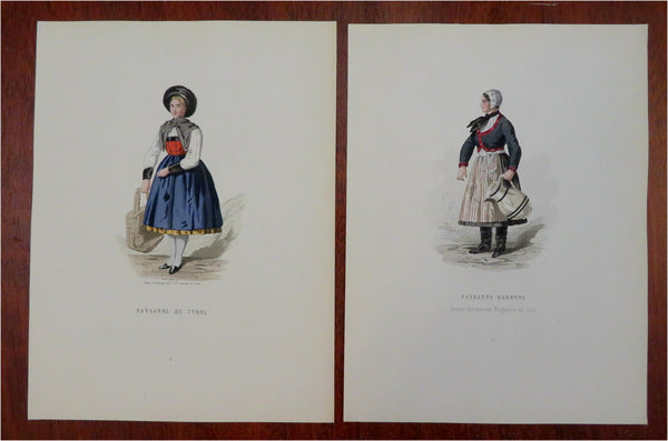 Saxony & Tyrol Rural Women's Fashion 1840-60 Lot x 2 lovely hand color prints