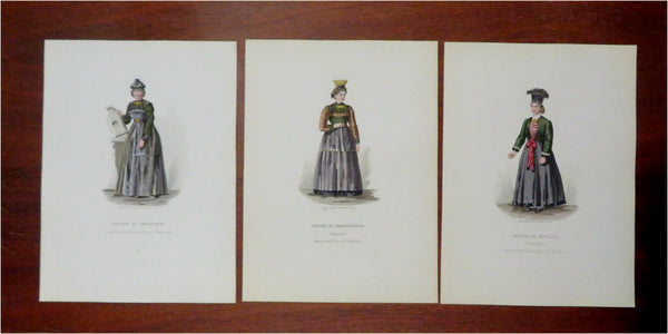 Vorarlberg Women's Fashion 1840-60 Lot x 3 lovely hand color costume prints