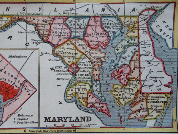 Maryland & Washington D.C. inset 1853 Fanning charming hand colored state map