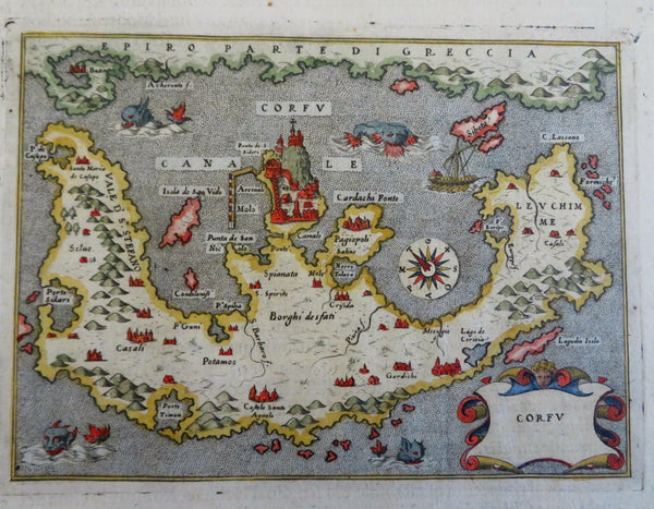 Corfu Ionian Island Greece w/ Sea Monsters ca. 1595 Porcacchi Porro antique map