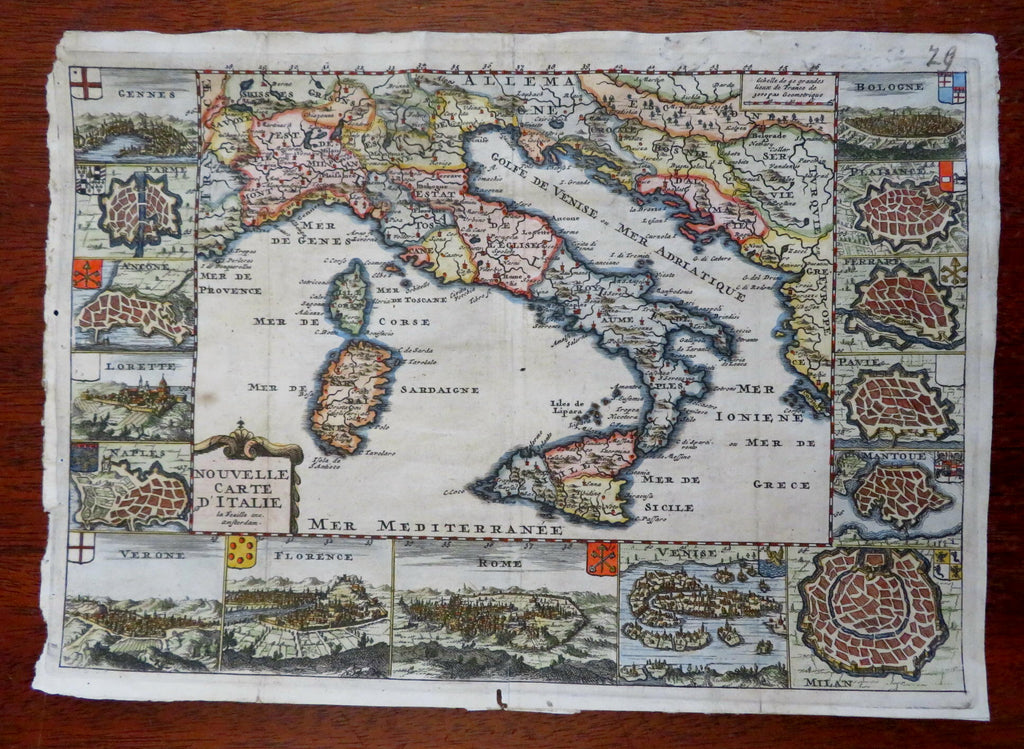 Italy Italia 1708 splendid de la Feuille decorative map w/ city views & plans