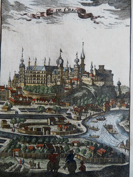 Cracow Castle Poland City View River Barges 1686 Mallet engraved h. color print