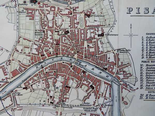 Pisa Italy Italia Tourist City Plan Churches Hotels 1875 detailed scarce map