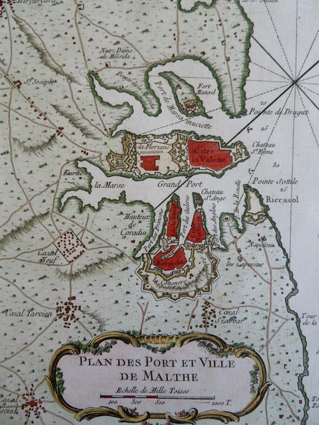 Malta City Plan Valletta Grand Port Military Fortifications c. 1750 Bellin map