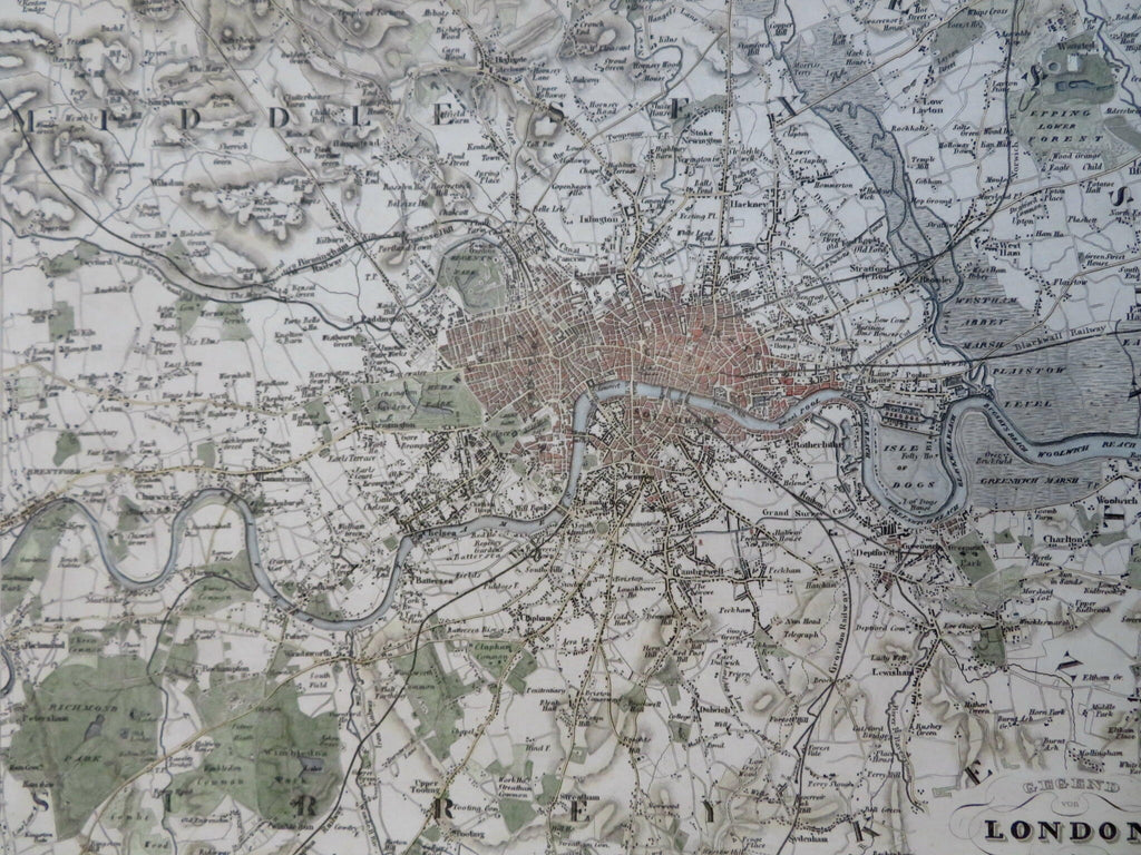 London City Plan England U.K. Greenwich 1849 detailed hand colored city plan
