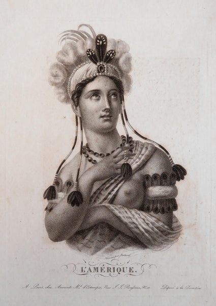 America Allegorical Portrait topless Indigenous Woman c. 1830's engraved print