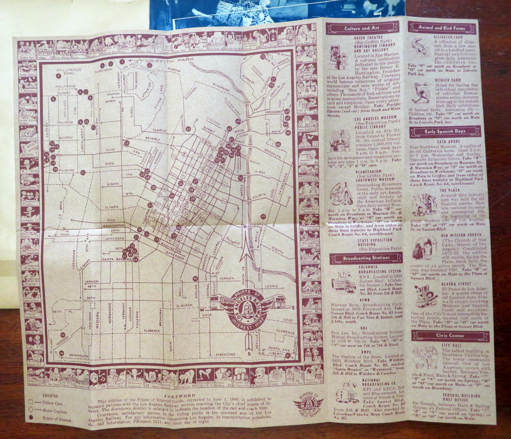 California L.A. Railway cartoon Street Map c. 1940 Mexico CA Mission Trails