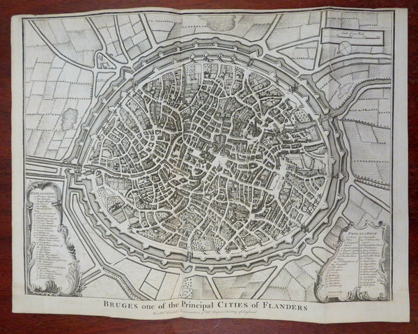 Bruges Flanders Belgium City Plan c. 1745 Basire large detailed engraved map
