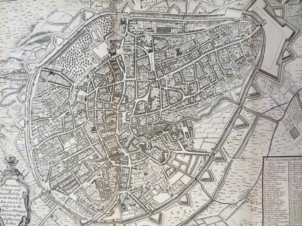 Brussels Brabant Belgium Bruxelles 1745 Basire large fine engraved city plan map