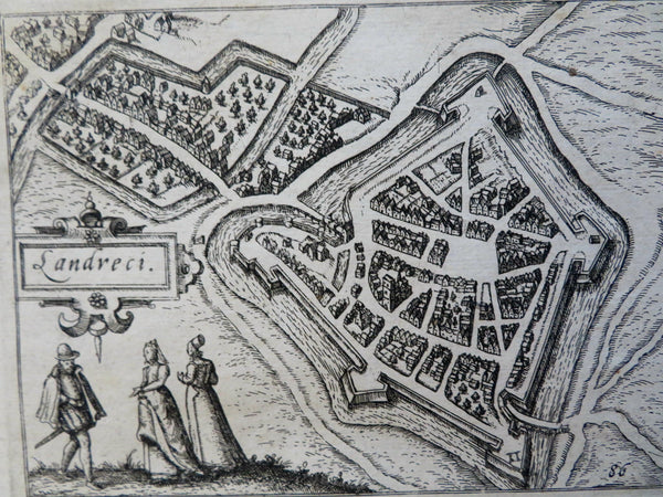 Landrecies France City Plan Fortifications c. 1640 Blaeu engraved city plan