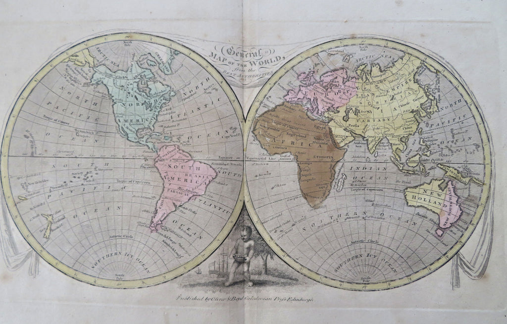 World Map Double Hemispheres Decorative Putti c. 1801 Oliver & Boyd rare map