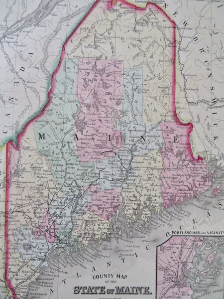 Maine state - Portland Harbor Augusta Portland Bangor Kittery 1870 Mitchell map